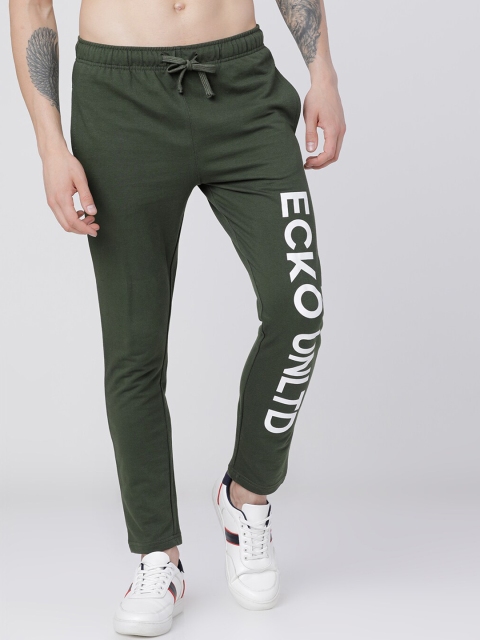 Ecko Unltd Men Olive Green & White Brand Logo Printed Slim-Fit Track Pants