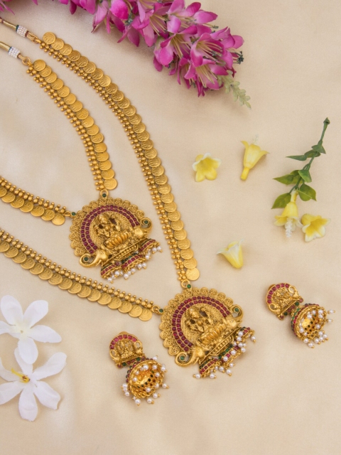Alankruthi Women Gold-Plated Pink & Green Stone-Studded Textured Temple Jewellery Set
Alankruthi Women Gold-Plated Pink & Green Stone-Studded Textured Temple Jewellery Set