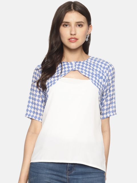 COUPER & COLL White & Blue Solid Georgette Regular Layered Top