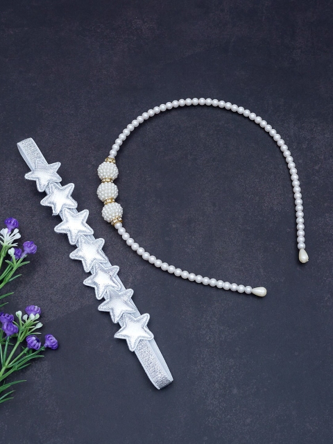 Golden Peacock Set Of 2 White & Silver-Toned Beaded Hairband
