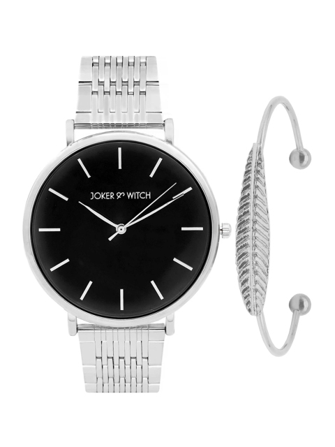 JOKER & WITCH Women Black & Silver-Toned Watch & Bracelet Gift Set JWBS331