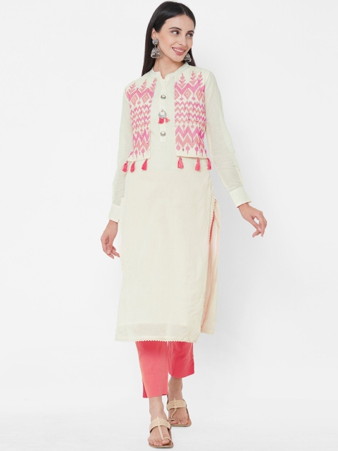 Fashor Women Off White Ethnic Motifs Embroidered Straight Kurta