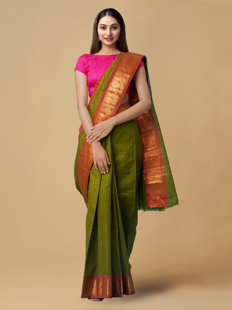 Unnati Silks Green & Pink Pure Cotton Checked Saree