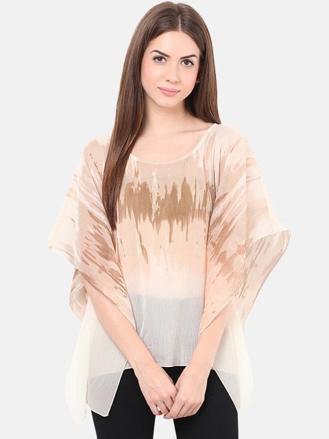 Porsorte Beige Tie & Dye Printed Kimono Sleeves Kaftan Top