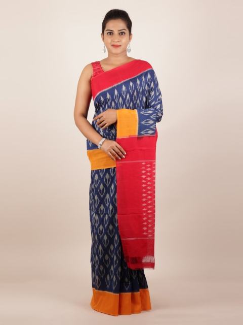 Pothys Navy Blue & White Pure Cotton Printed Sambalpuri Saree