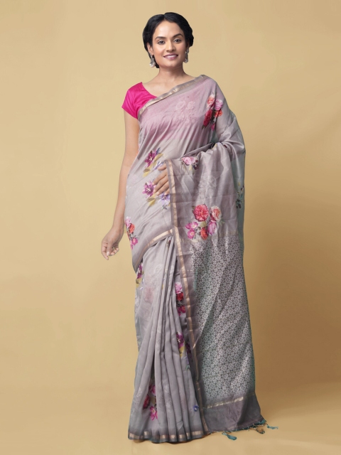 Unnati Silks Grey Silk Cotton Floral Printed Chanderi Handloom Saree
