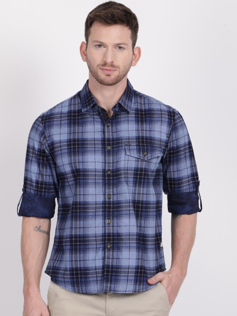 t-base Men Blue Slim Fit Checked Casual Cotton Shirt
