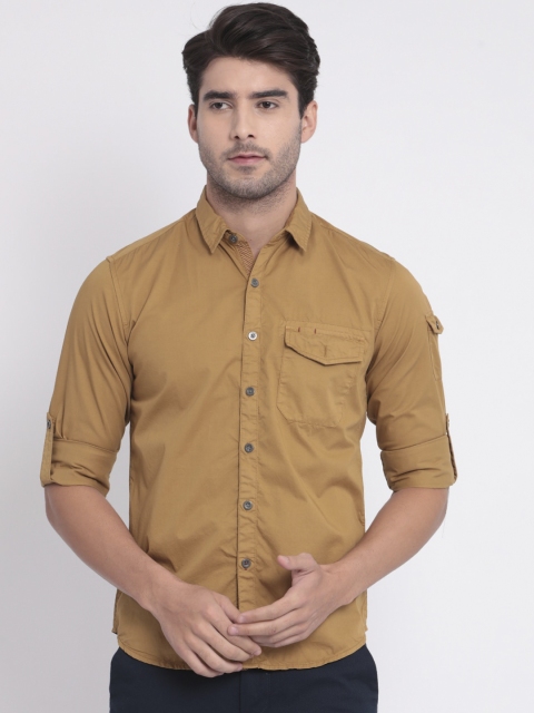 t-base Men Mustard Yellow Slim Fit Solid Casual Shirt