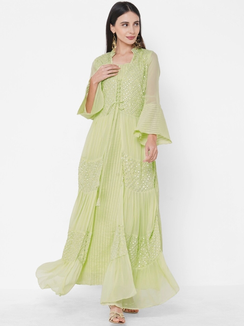 FASHOR Women Green Checked Maxi Dress