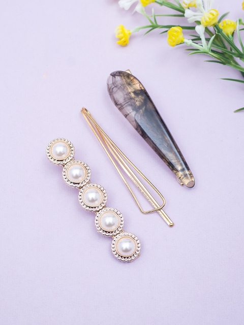 Golden Peacock Gold-Toned & White Set of 3 Embellished Hair Accessory Set