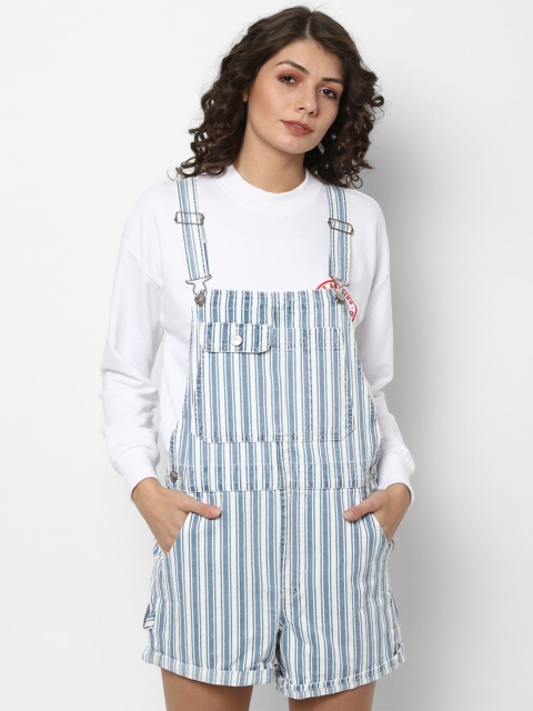 AMERICAN EAGLE OUTFITTERS Women Blue & White Striped Cotton Denim Dungarees