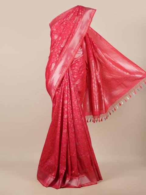 Pothys Pink & Silver-Toned Pure Silk Woven Design Banarasi Saree With Tasseled Pallu