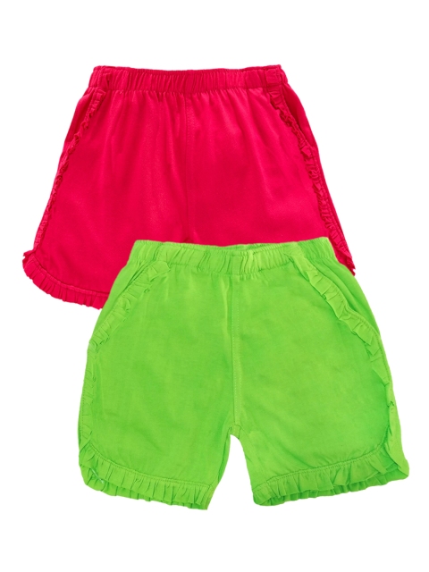 KiddoPanti Girls Pack Of 2 Green & Pink Solid Regular Fit Hot Pants