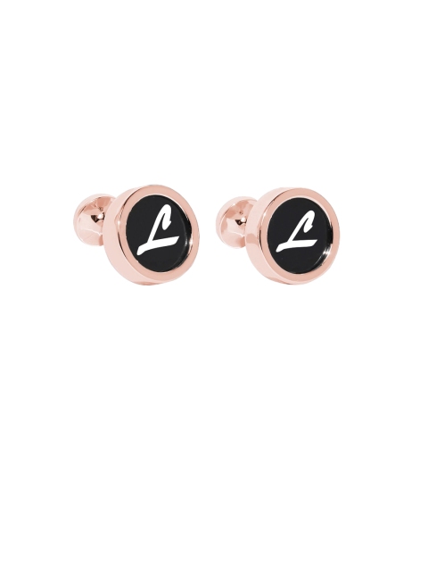 Blacksmith Rose Gold-Plated White & Black Round Alphabet L Printed Cufflinks