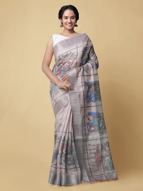Unnati Silks Grey Silk Cotton Kalamkari Printed Handloom Chanderi Saree