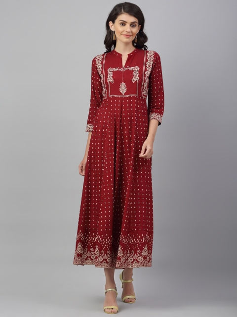 ANAISA Women Maroon Printed Maxi Ethnic Dress