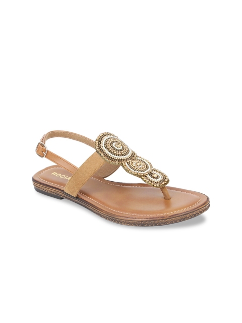Rocia Women Gold-Toned Embellished T-Strap Flats