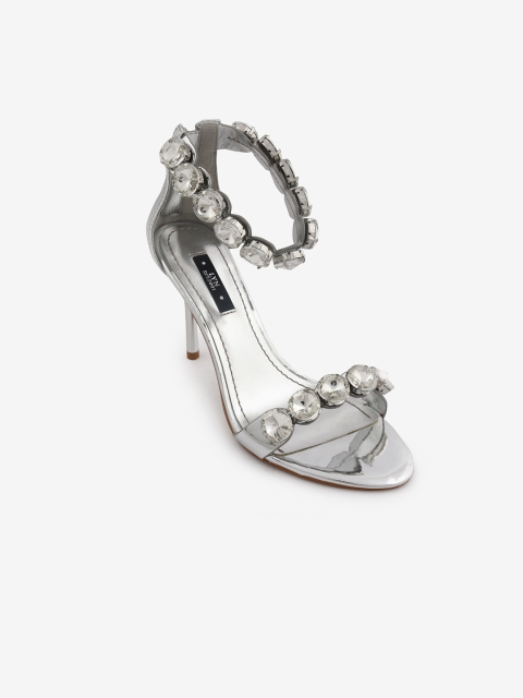 LYN Women Silver-Toned Embellished Heeled Sandals