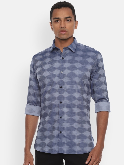 V Dot Men Blue & Grey Slim Fit Printed Casual Cotton Shirt