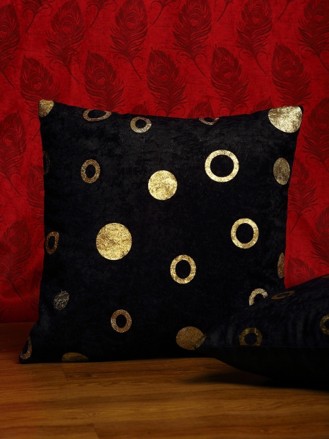 HOSTA HOMES Black & Gold-Toned Set of 2 Geometric Velvet Square Cushion Covers