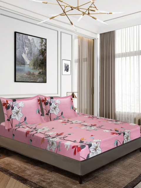 Aura Pink & White Floral 160 TC Polyester 1 Queen Bedsheet with 2 Pillow Covers