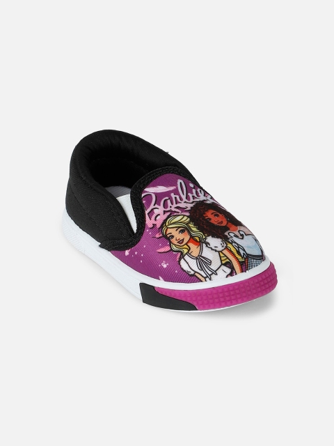 Kids Ville Girls Purple & Black Barbie Printed Slip-on Sneakers