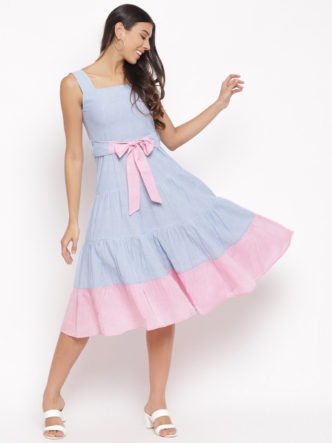 STALK Women Blue Solid Fit and Flare Dress