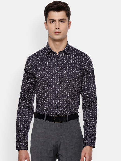 Van Heusen Men Navy Blue & White Slim Fit Floral Printed Pure Cotton Formal Shirt