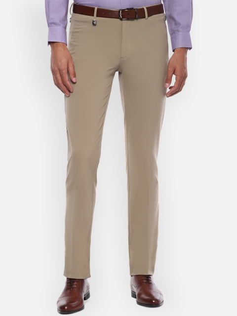 V Dot Men Beige Slim Fit Solid Formal Trousers