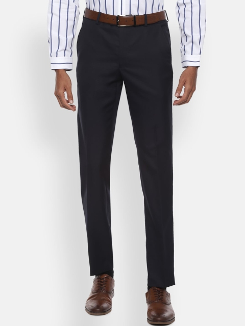 Van Heusen Men Navy Blue Slim Fit Checked Formal Trousers