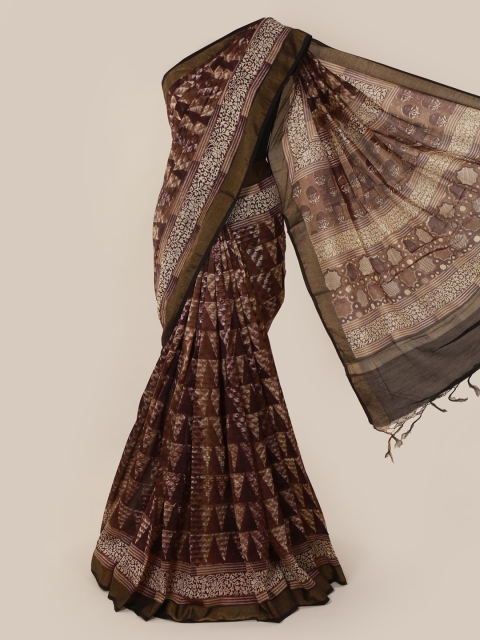 Pothys Brown & White Cotton Blend Printed Saree