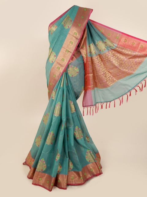 Pothys Blue & Gold-Toned Cotton Blend Woven Design Saree