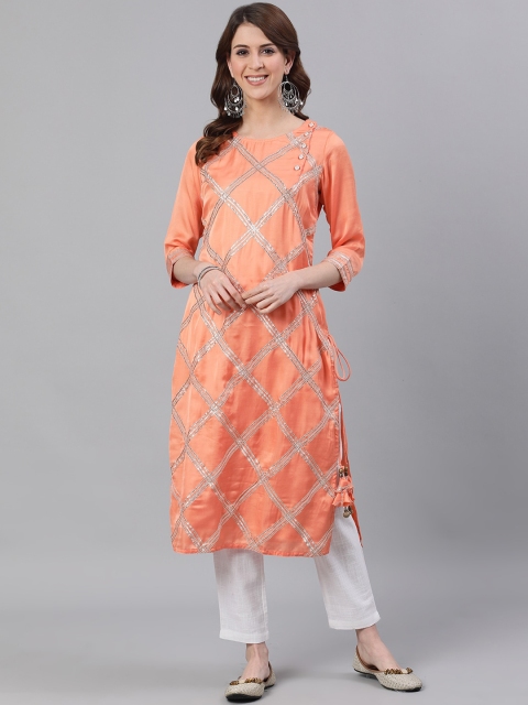 Jaipur Kurti Women Orange Checked Satin Straight Kurta