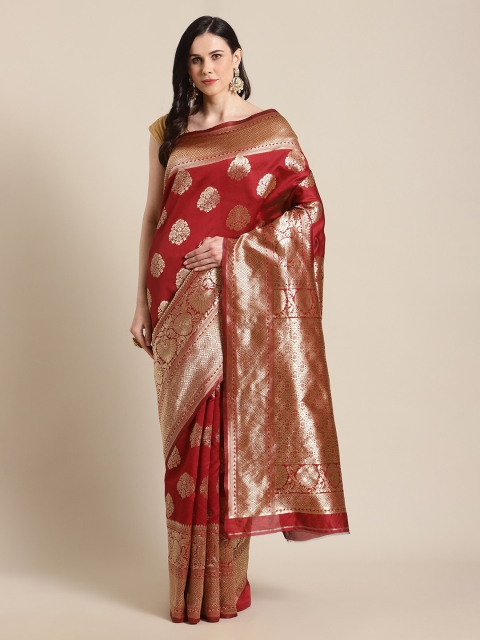 Mitera Maroon & Gold-Coloured Silk Blend Woven Design Kanjeevaram Saree