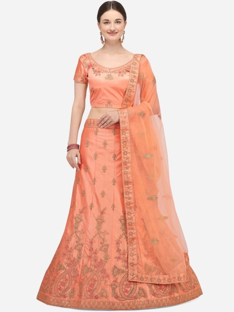 Netram Peach-Coloured & Gold-Toned Embroidered Semi-Stitched Lehenga & Unstitched Blouse with Dupatta