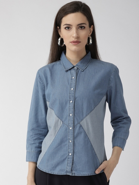 Xpose Women Blue Regular Fit Faded Casual Shirt