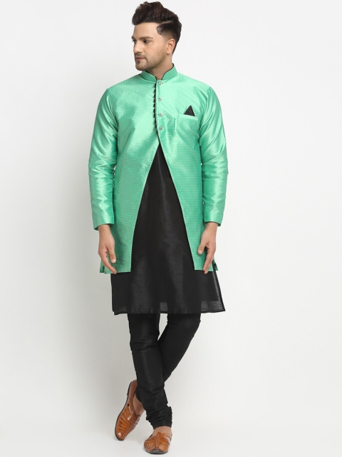 Benstoke Men Black & Green Solid Kurta with Churidar
