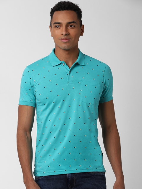 Peter England Casuals Men Sea Green Printed Polo Collar Slim Fit T-shirt
