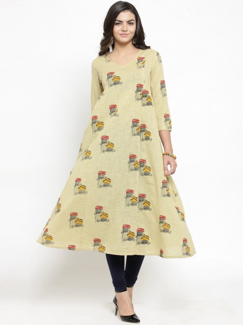 Women Khaki Quirky Printed A-Line Kurta