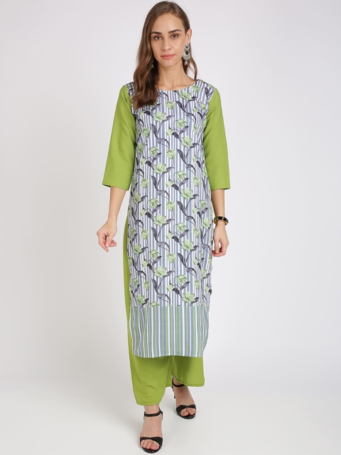 Florence Women Green Floral Printed Crepe Kurta