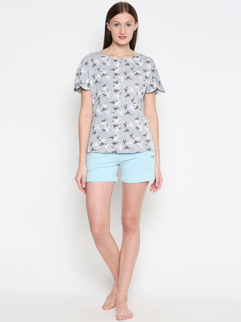 XIN Women Grey & Blue Printed Night suit
