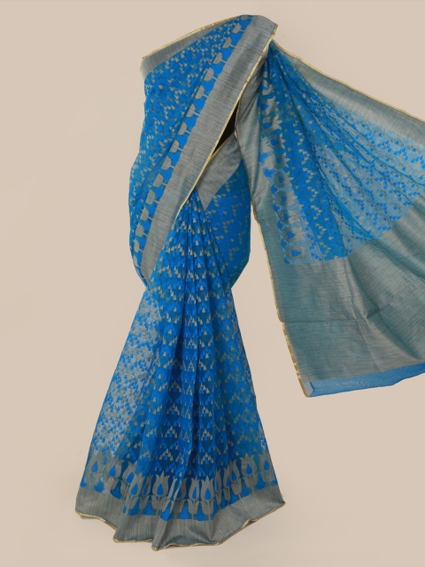 Pothys Blue & Gold-Toned Supernet Woven Design Saree