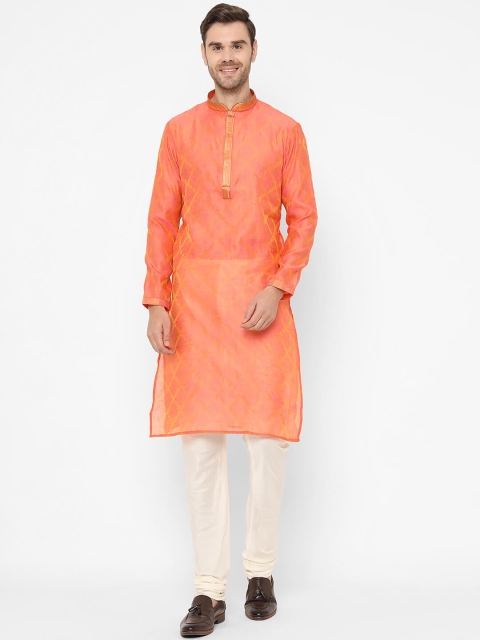Chitwan Mohan Men Peach-Coloured & Pink Self Design Kurta with Pyjamas