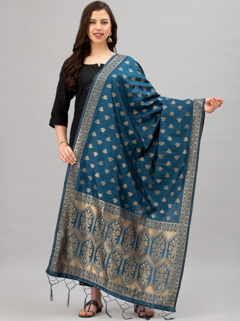 Satrani Teal Blue & Gold-Coloured Woven Design Jacquard Banarasi Dupatta