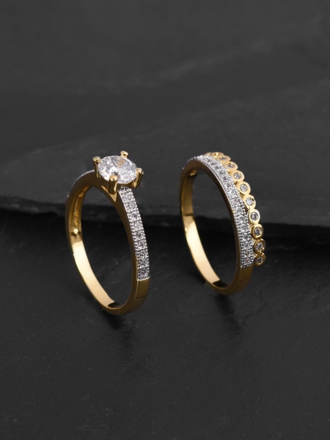Tistabene Set Of 2 Gold-Plated & White Stone-Studded Solitaire Finger Ring