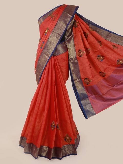 Pothys Orange & Navy Blue Cotton Blend Embroidered Saree