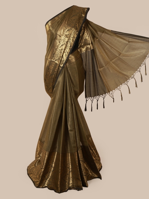 Pothys Green & Gold-Toned Tissue Striped Saree