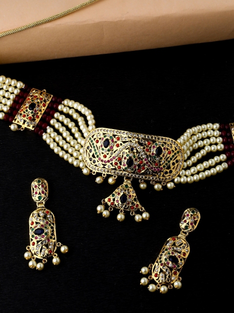 THE AAB STUDIO Gold-Plated Off-White & Navy Blue Stone-Studded & Beaded Handcrafted Jadau Jewellery Set
THE AAB STUDIO Gold-Plated Off-White & Navy Blue Stone-Studded & Beaded Handcrafted Jadau Jewellery Set