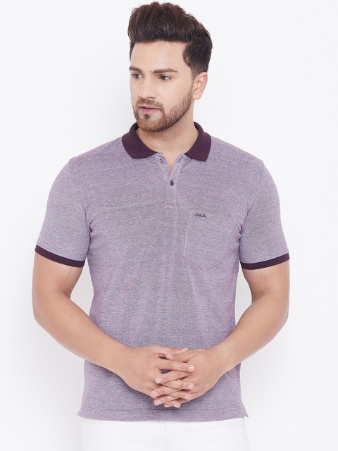 Adobe Men Purple Self Design Polo Collar T-shirt