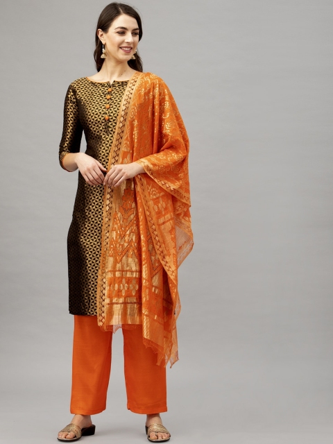 Satrani Black & Orange Poly Silk Unstitched Dress Material